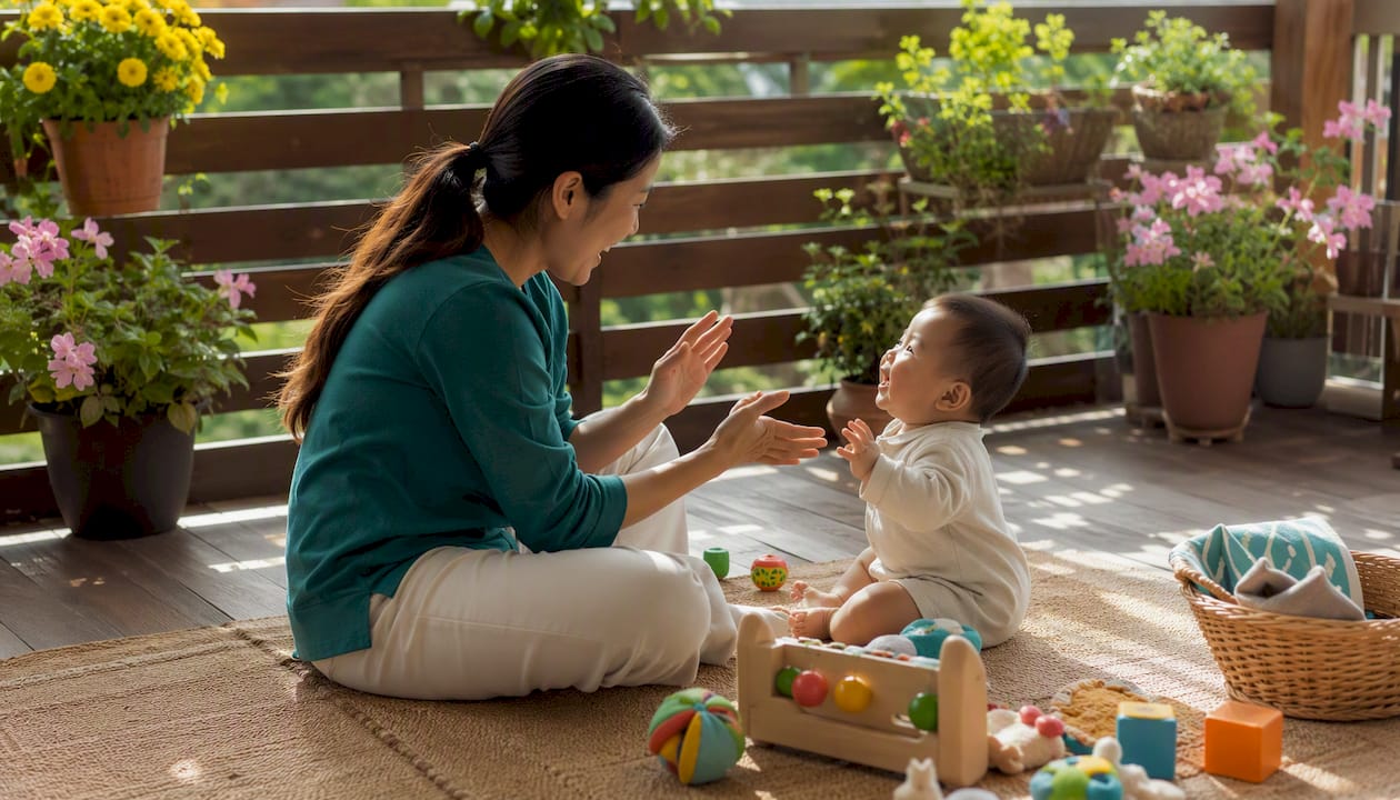 Mother engaging infant in routine play