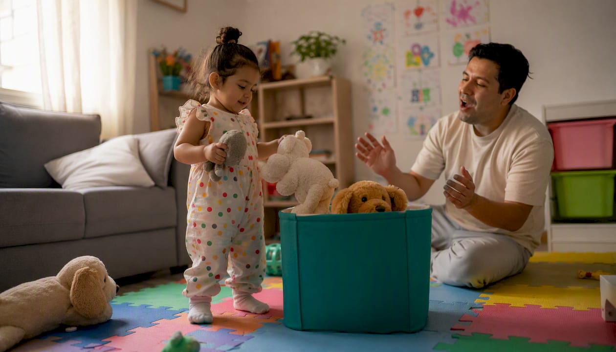 Toddler tidying toys with dad's song
