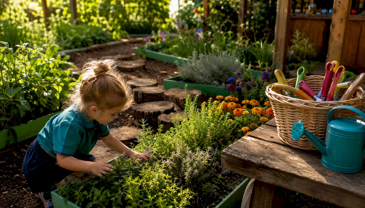 Child exploring sensory garden plants