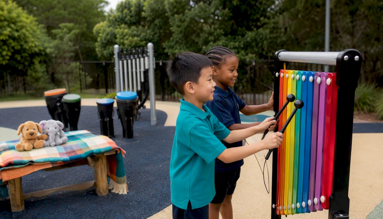 Children playing outdoor musical instruments