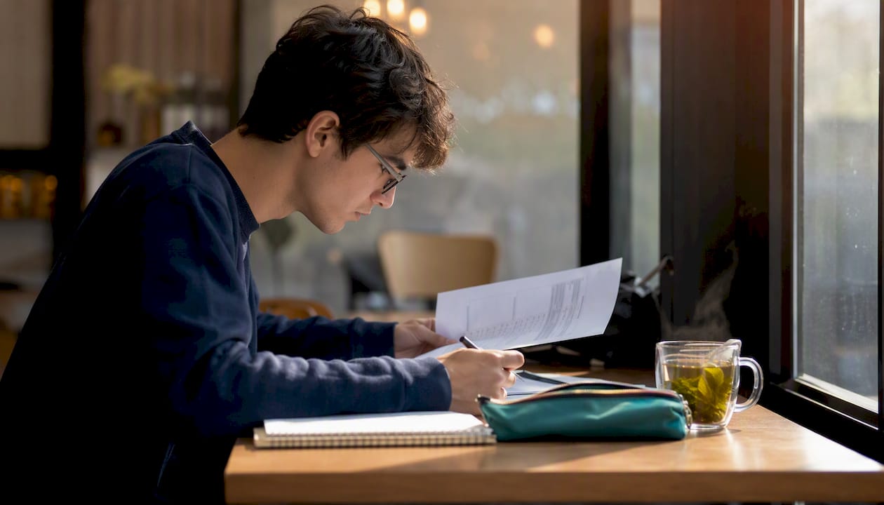 Student reviewing assessment feedback in library study space
