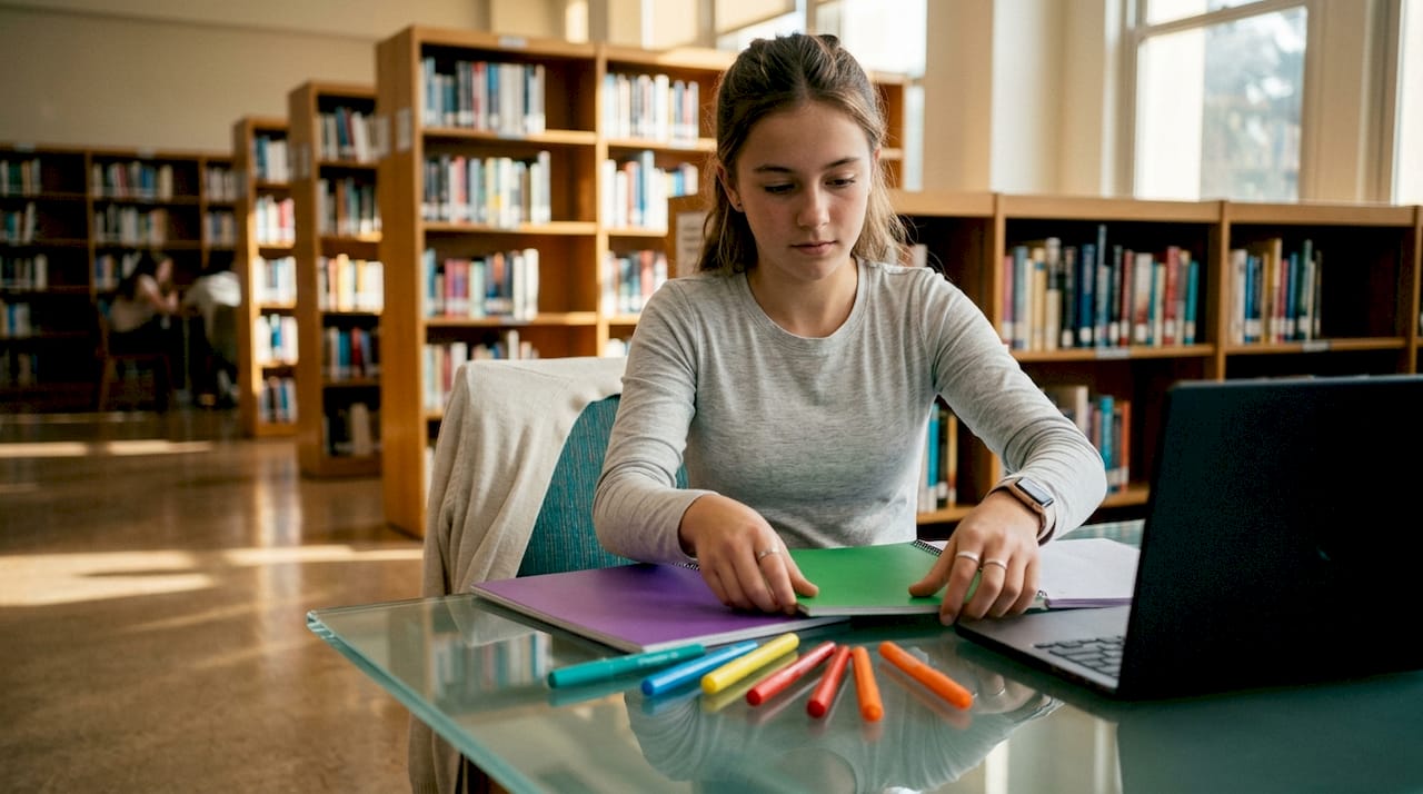 Teenage student organizing study materials at desk