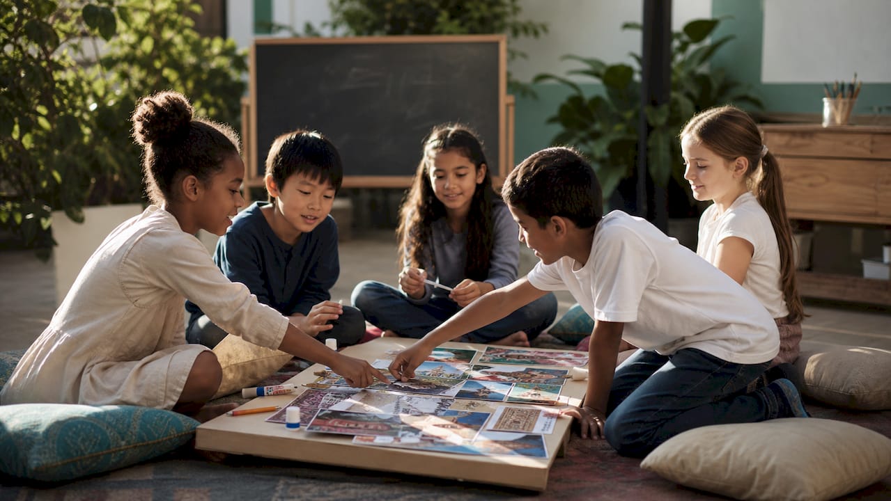 Children collaboratively building cultural map