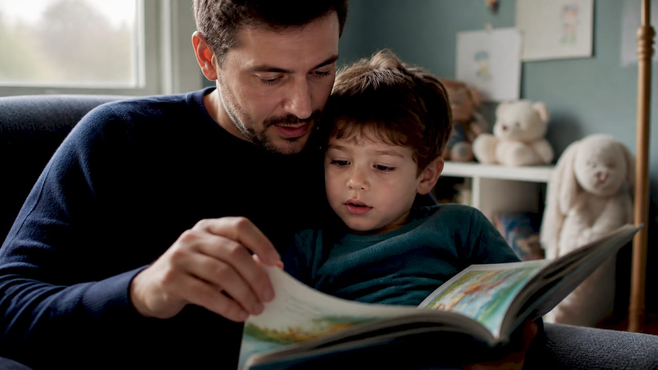 Parent reading storybook to child at home