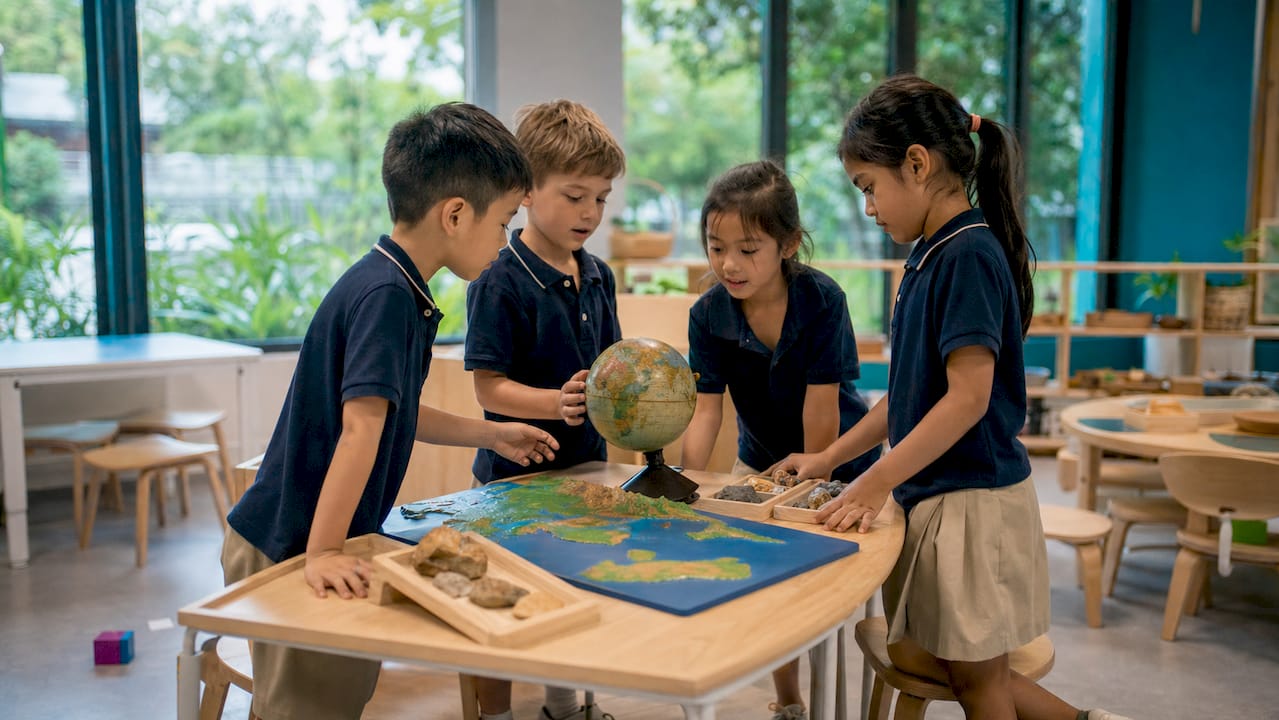 Primary children in inquiry project at school table