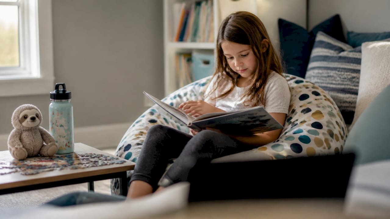 Child stopping study timer at home desk