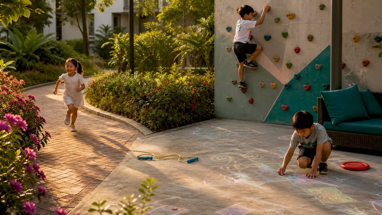 Children playing actively in neighborhood park