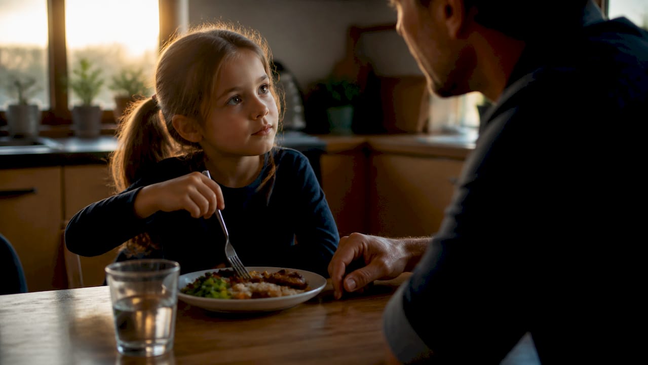 Parent and child talking about good choices at dinner
