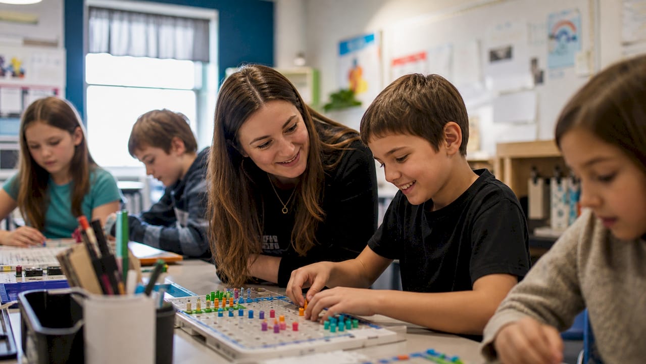 Teacher supporting child’s learning in small classroom