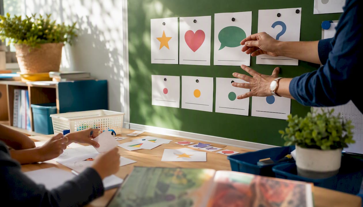 Teacher’s hands demonstrating teaching with visual aids