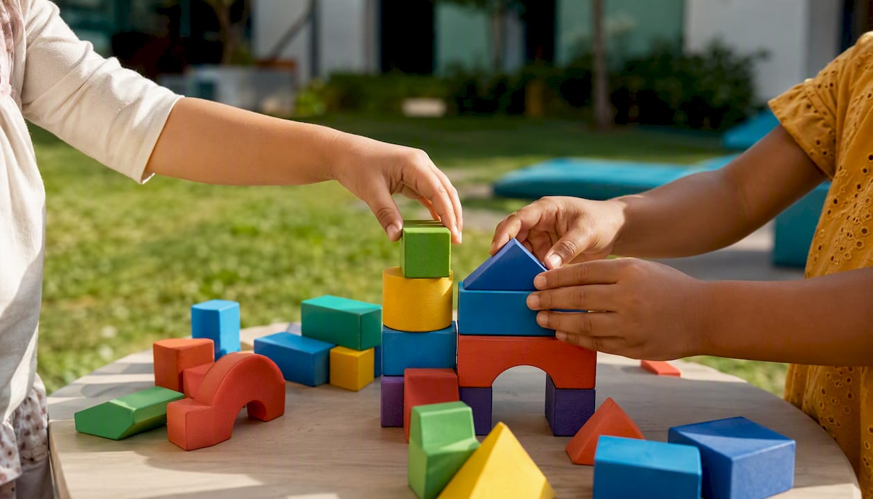 Children stacking blocks working problem-solving