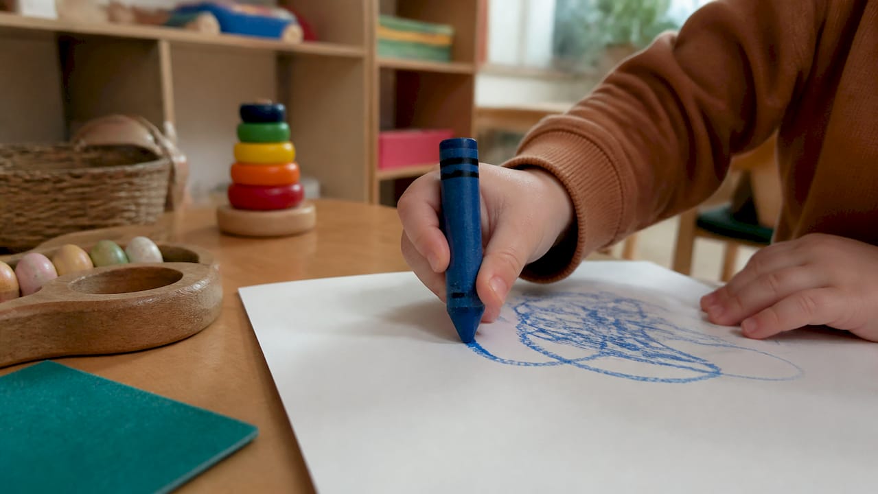 Toddler scribbling with crayon in preschool