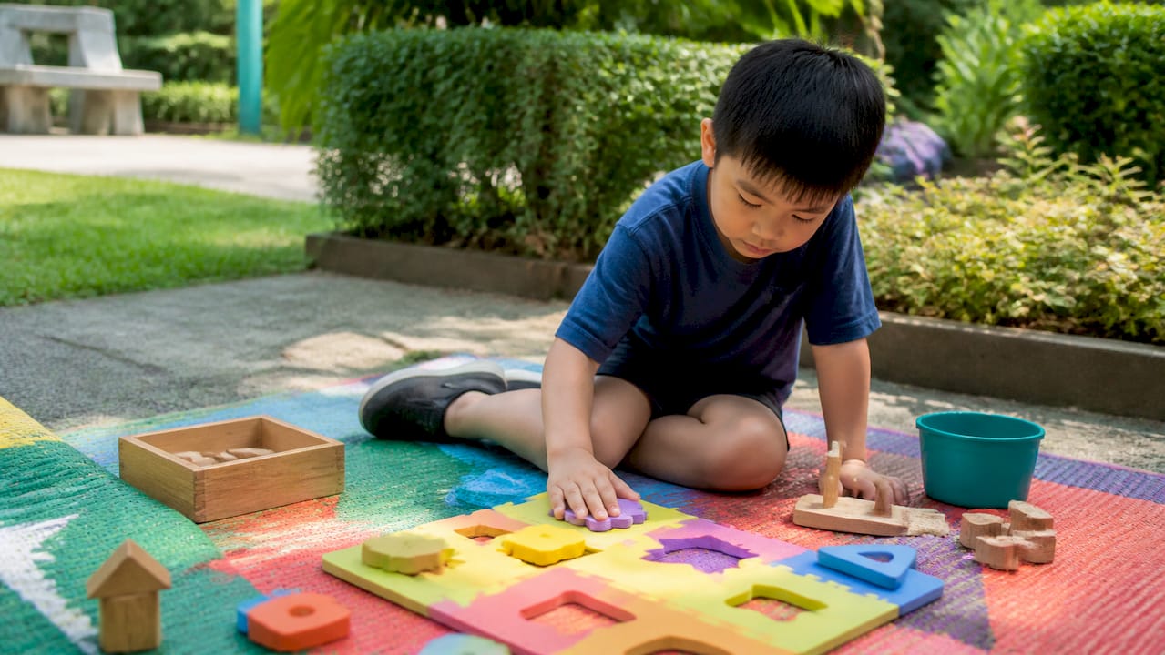 Child hands interacting with tablet and puzzle