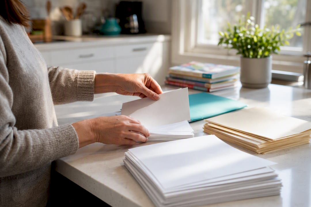 Hands organizing preschool registration documents