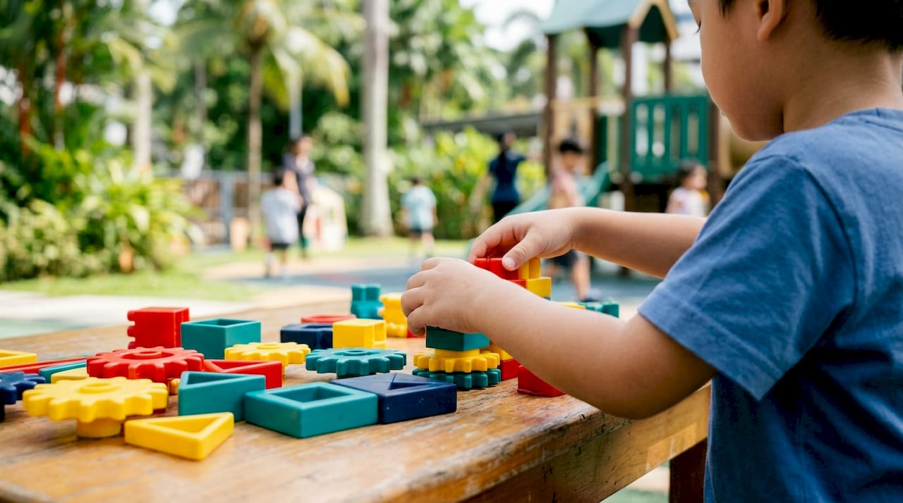 Child hands playing with modular preschool toys