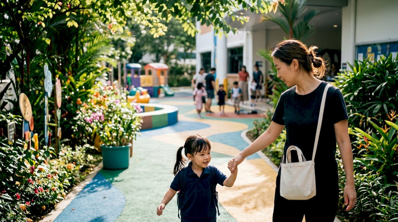 Parent and child entering preschool in morning