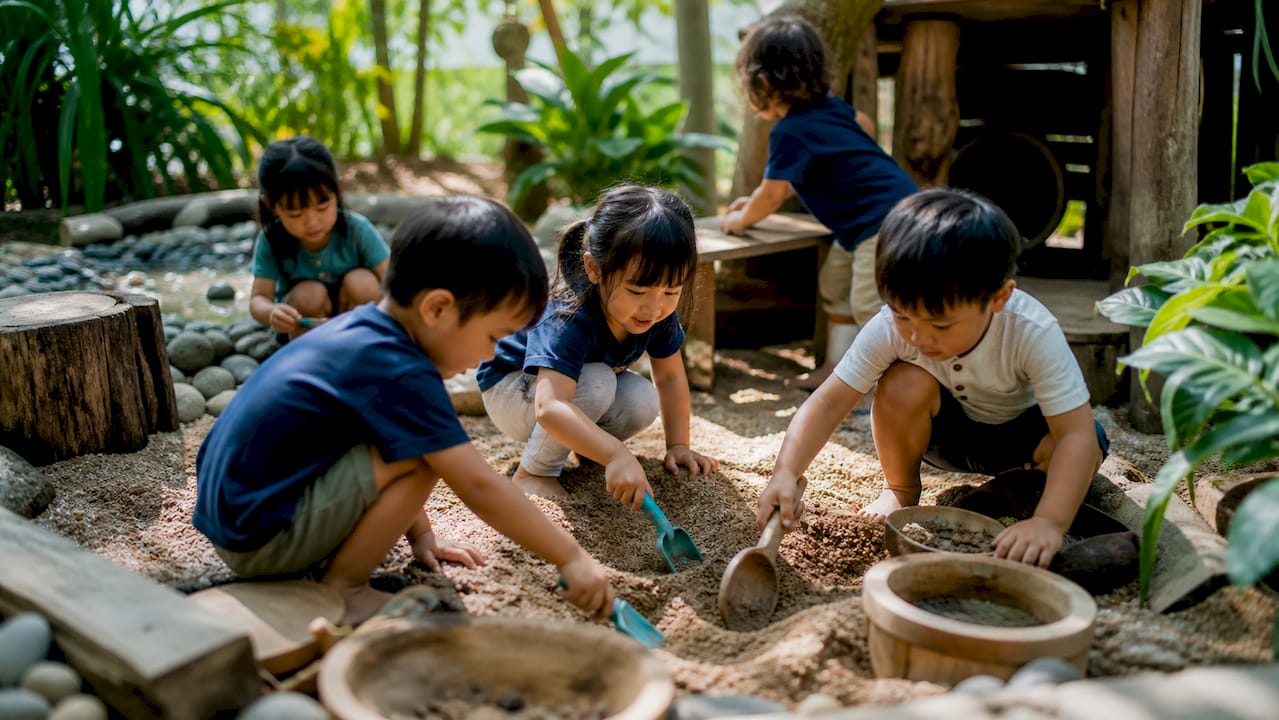 Preschool children pouring water in nature play garden