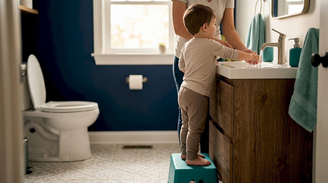 Parent guiding child through bathroom routine