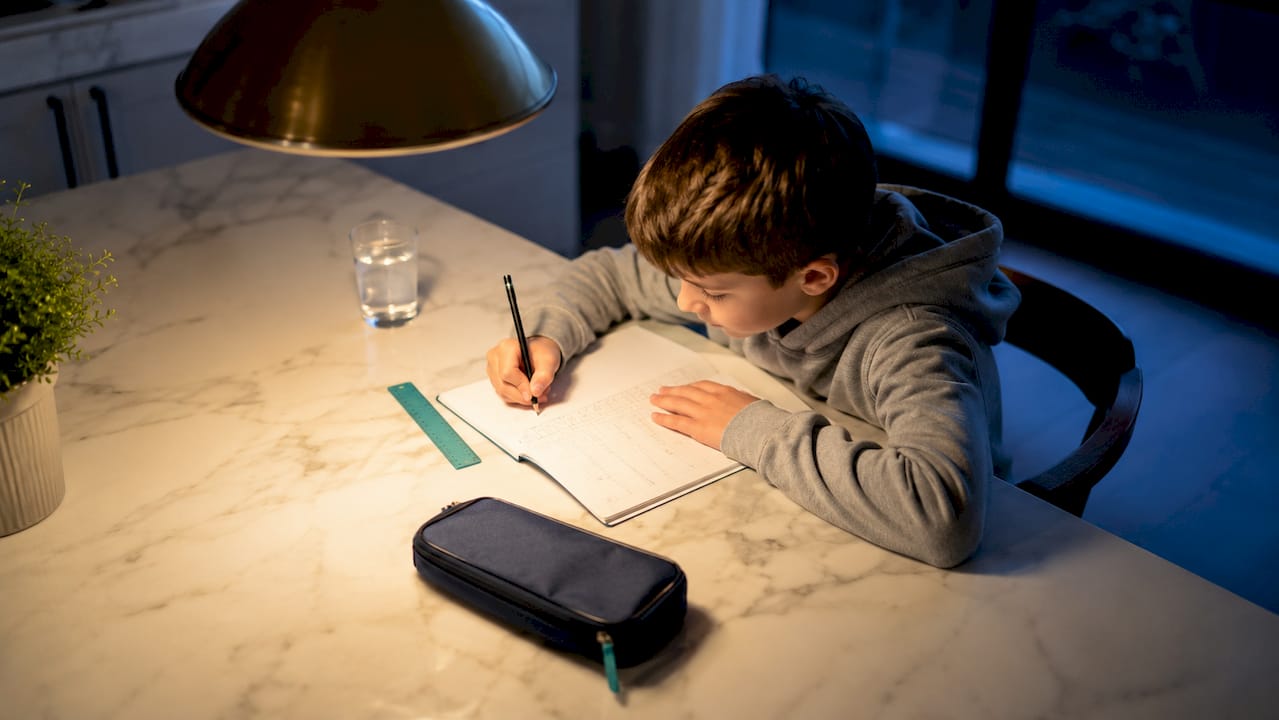 Child completing homework at a kitchen island