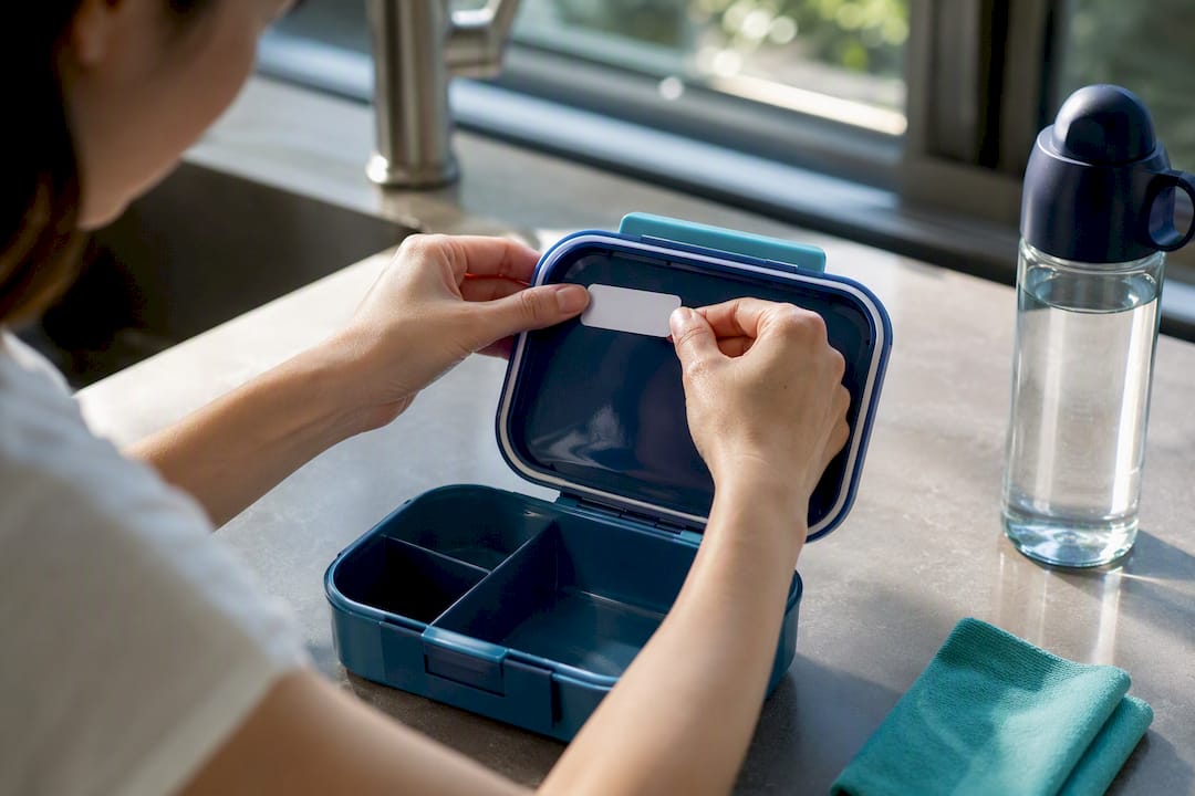 Parent applying a name label to lunchbox