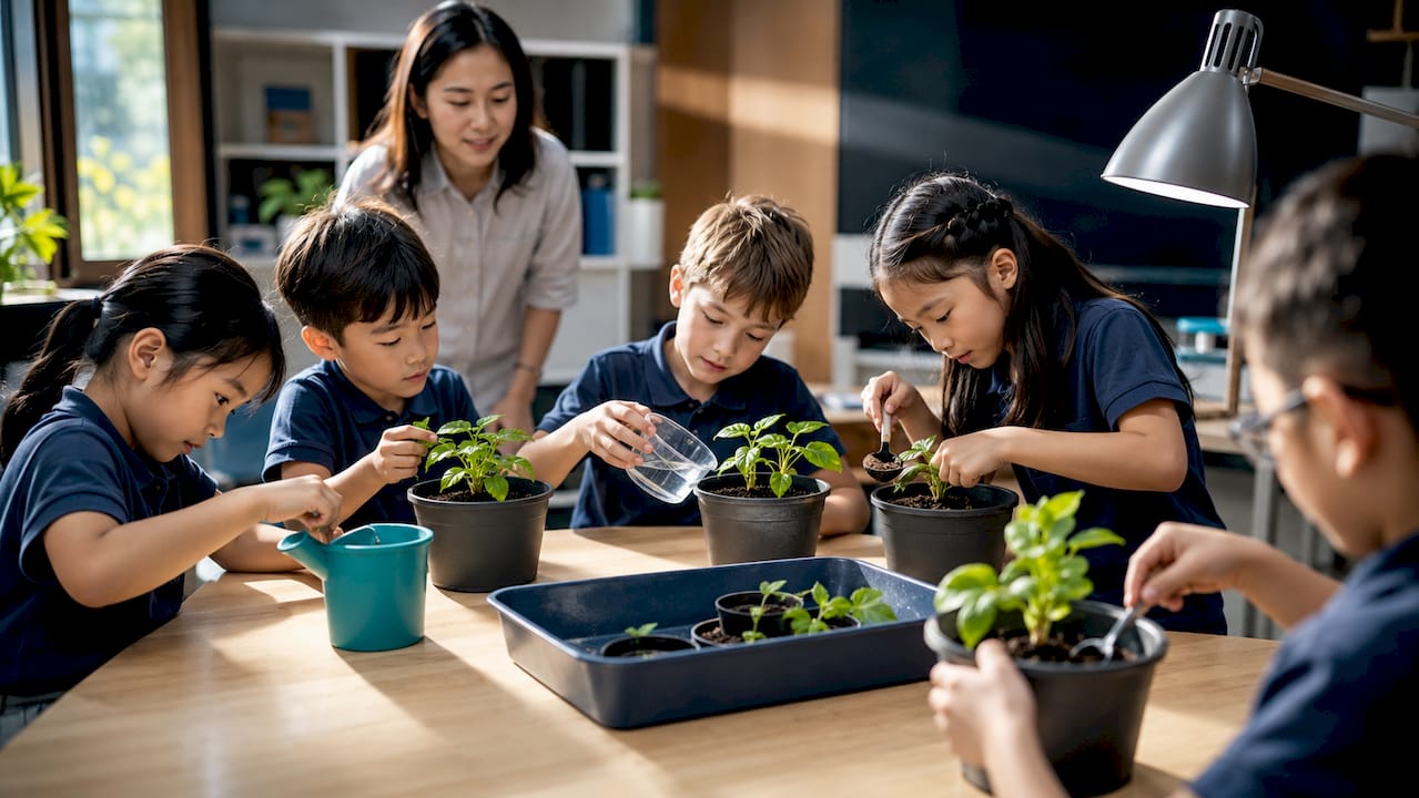 Primary pupils conducting plant growth investigation