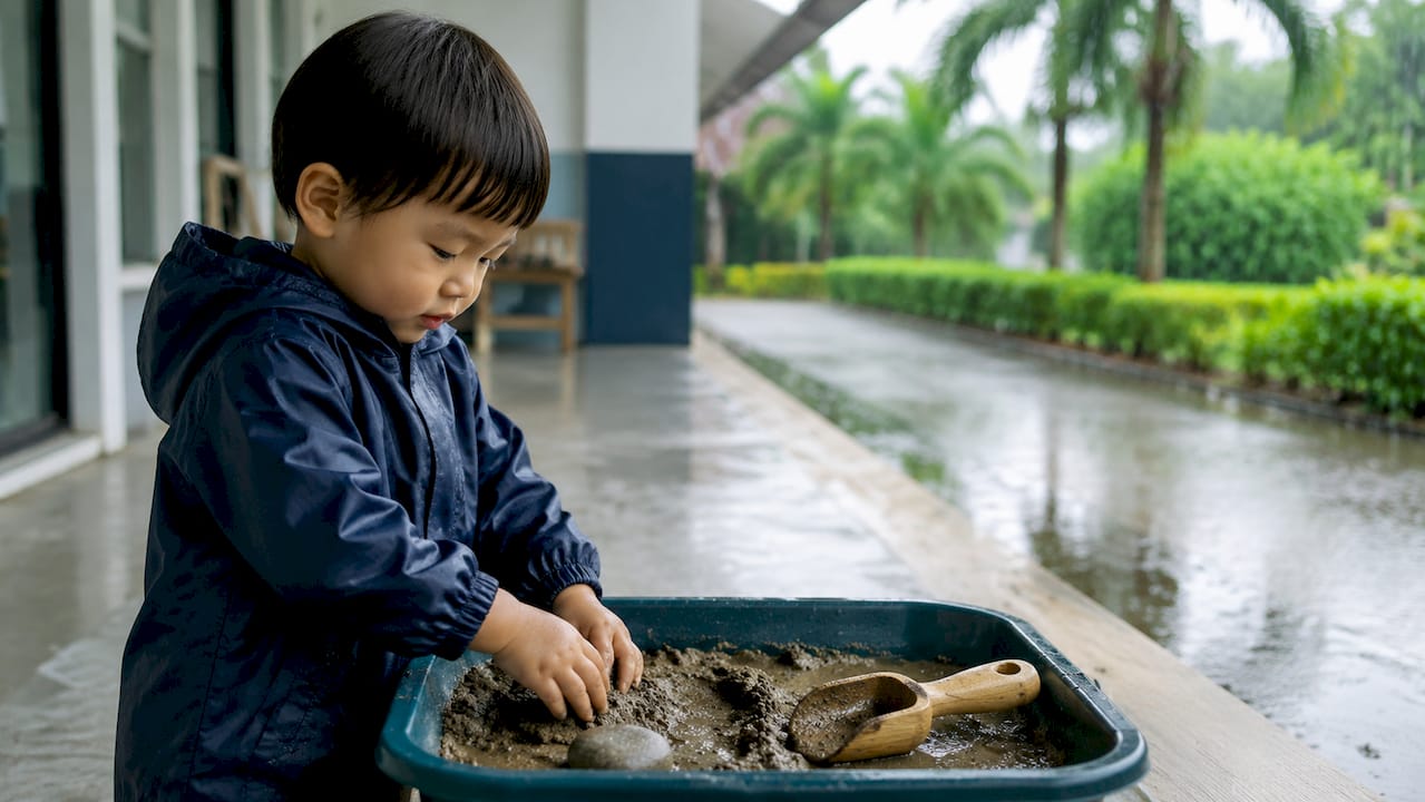 Child using a sensory tray under shelter
