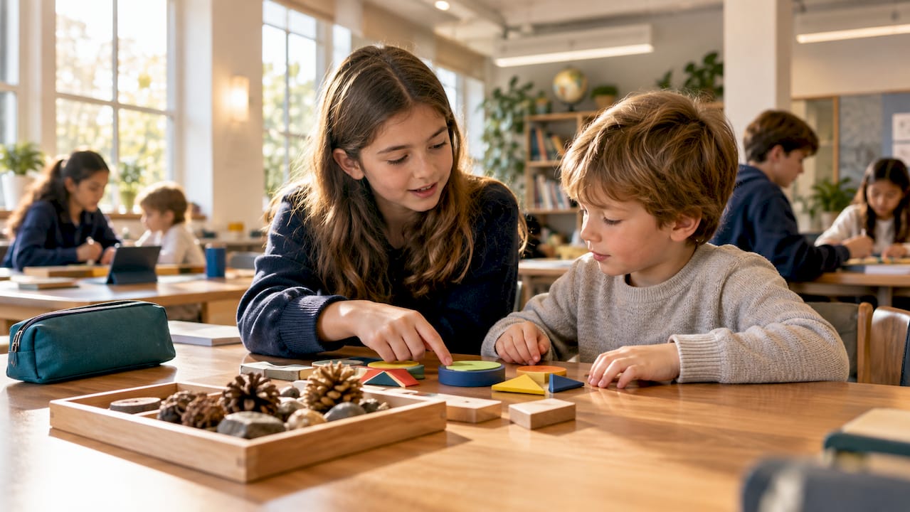 Older child guiding younger child in classroom
