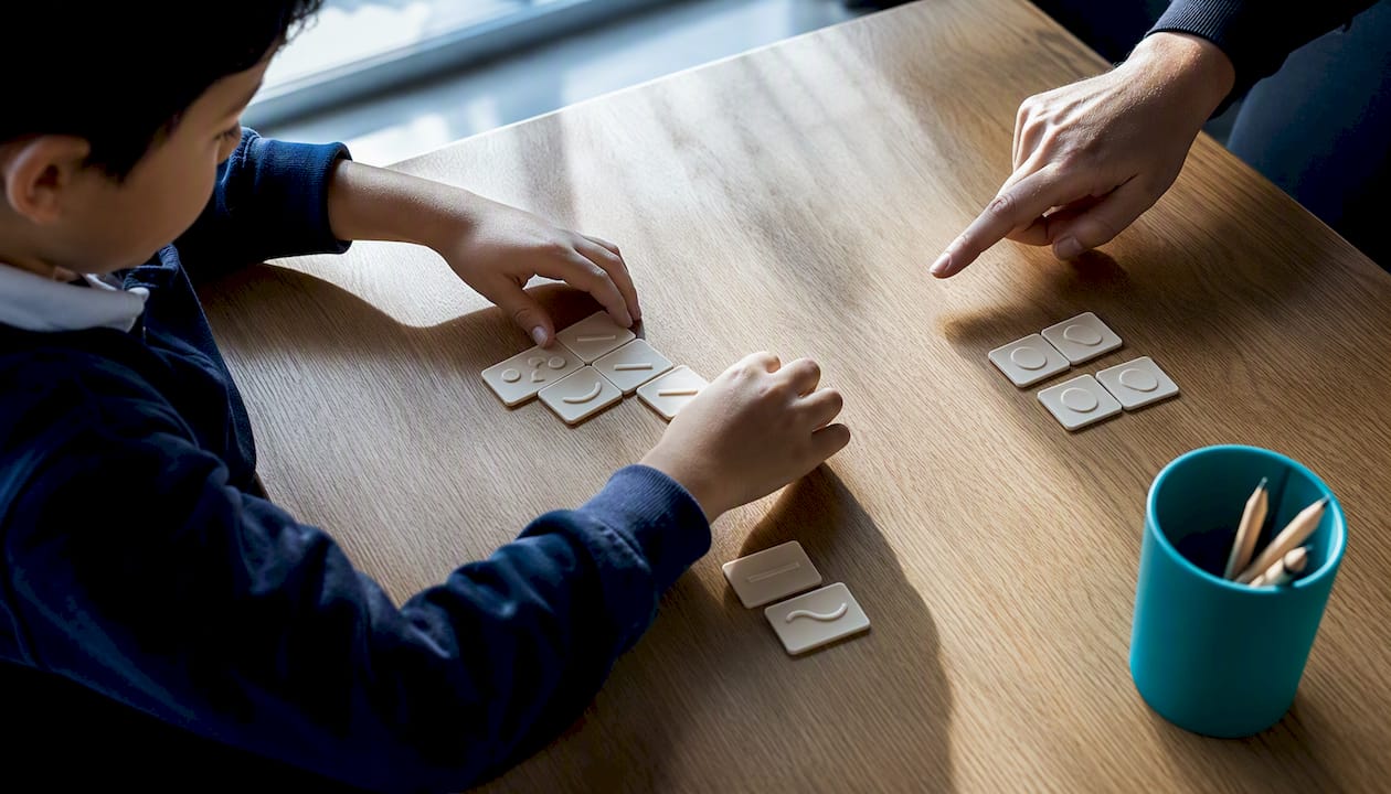 Child arranging tactile phonics tiles during instruction