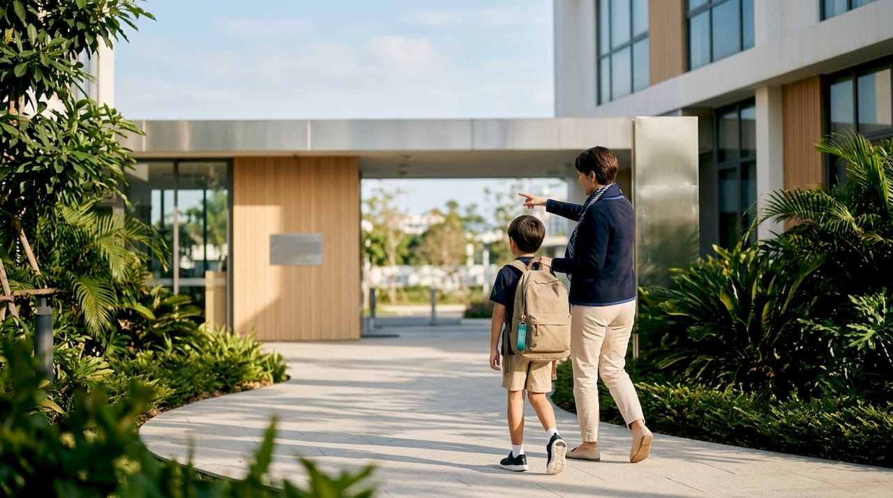 Parent and child approaching school campus