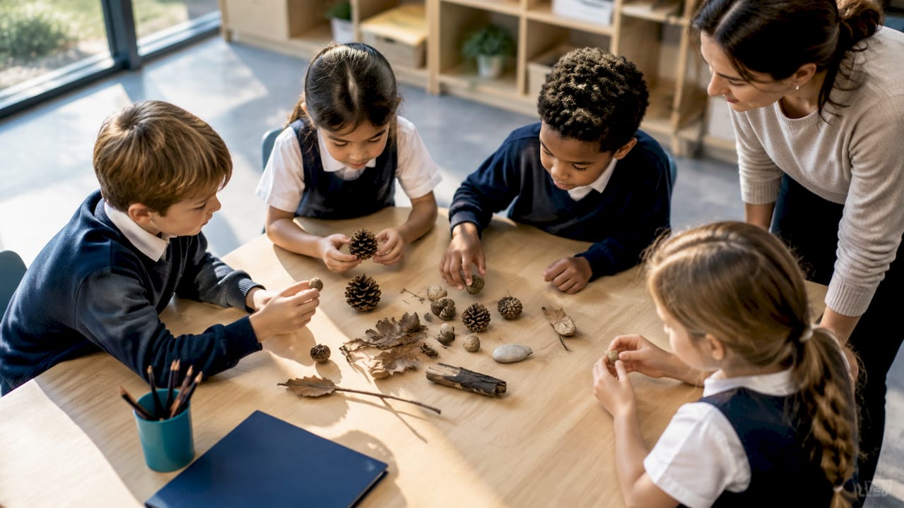 Pupils investigating materials in classroom