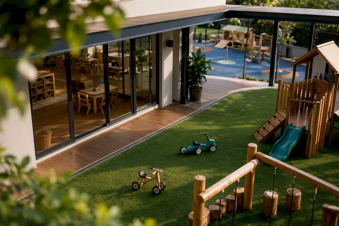 Two preschool playgrounds beside classrooms