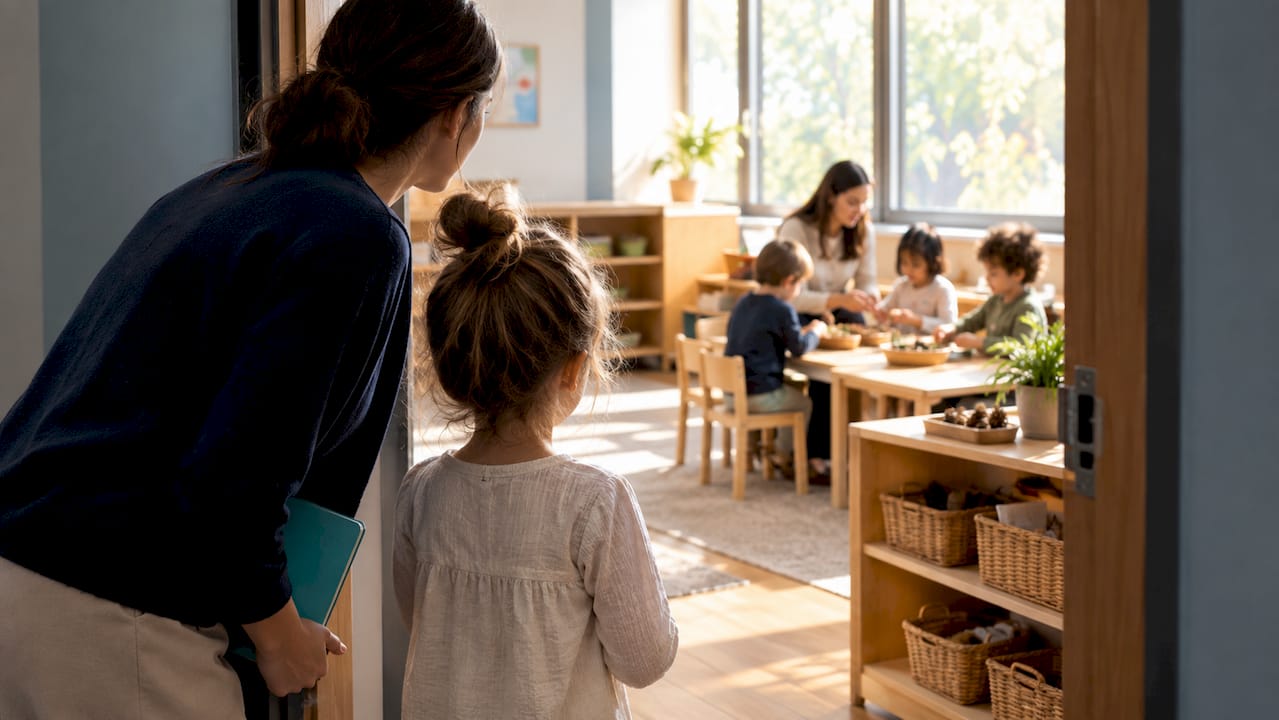 Parent and child touring preschool classroom