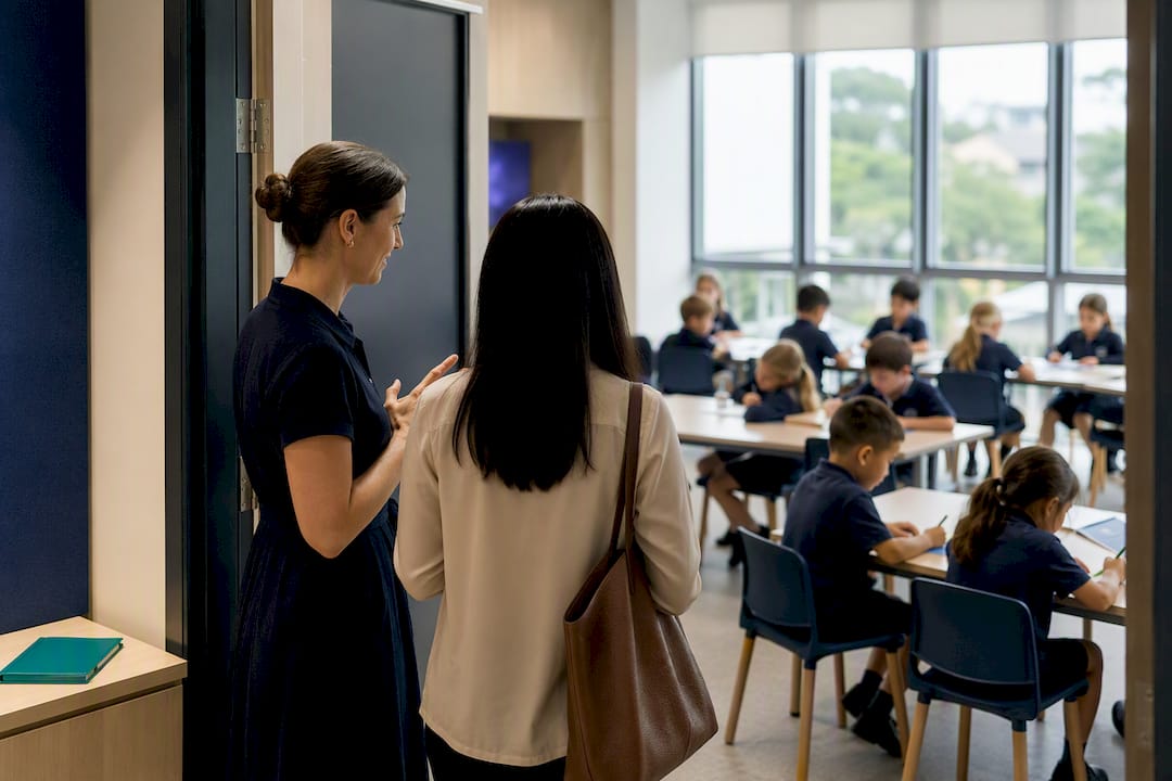 Parent touring an active primary classroom
