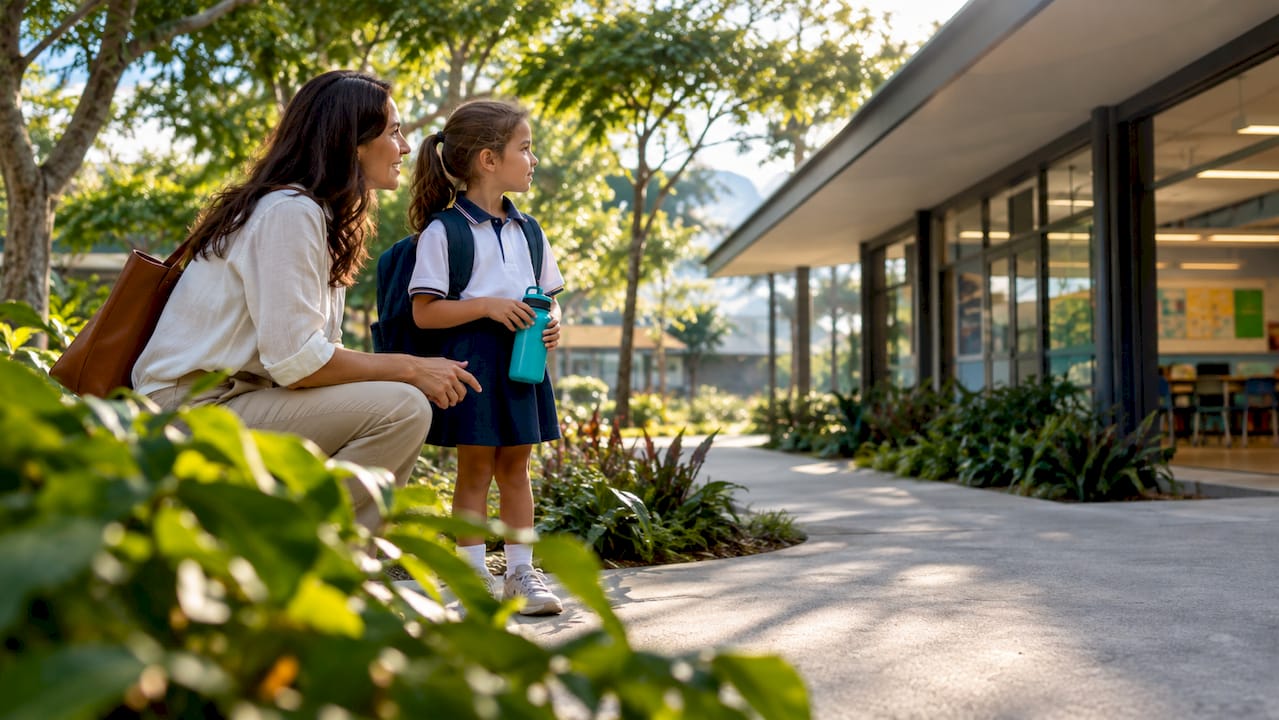Parent and child touring an international school
