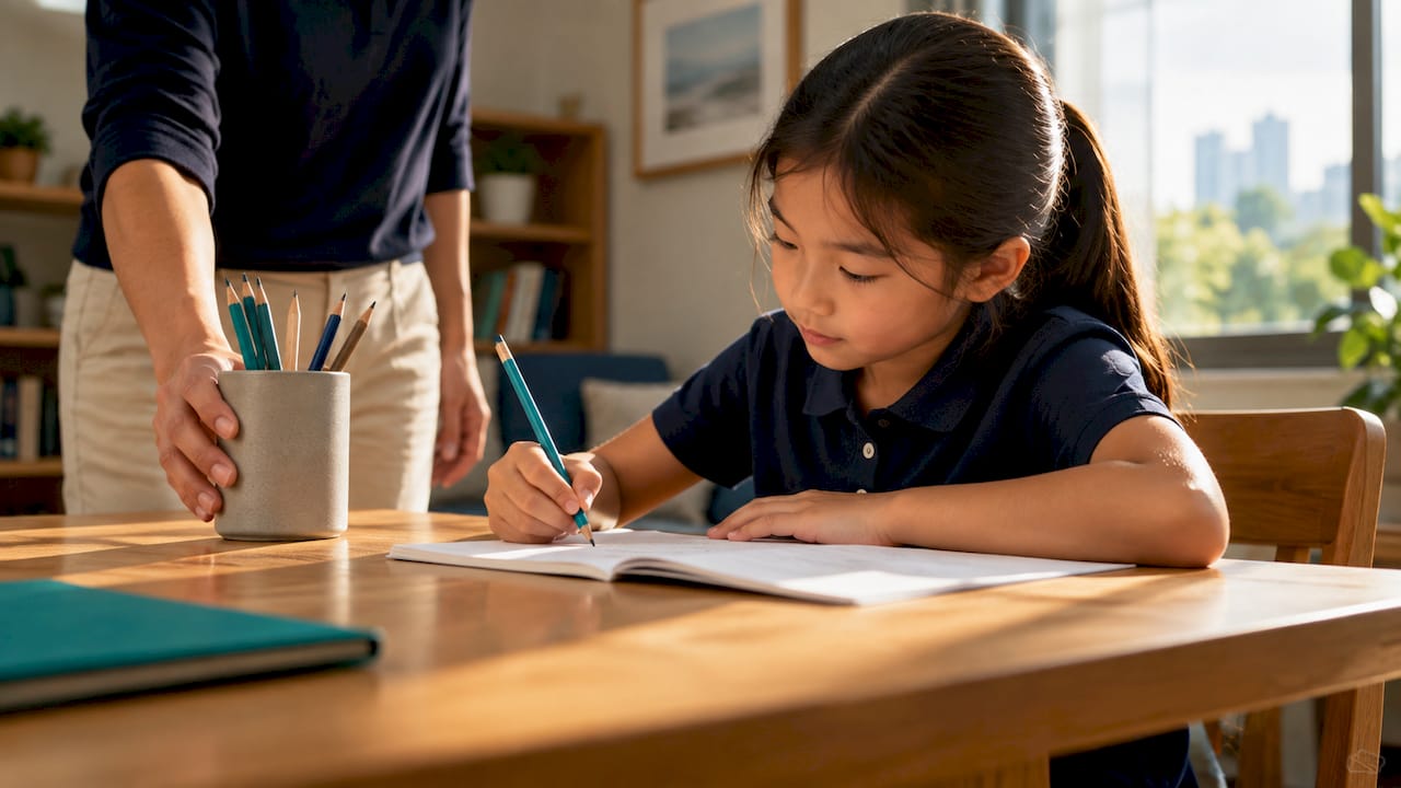 Child beginning homework at a quiet home study space