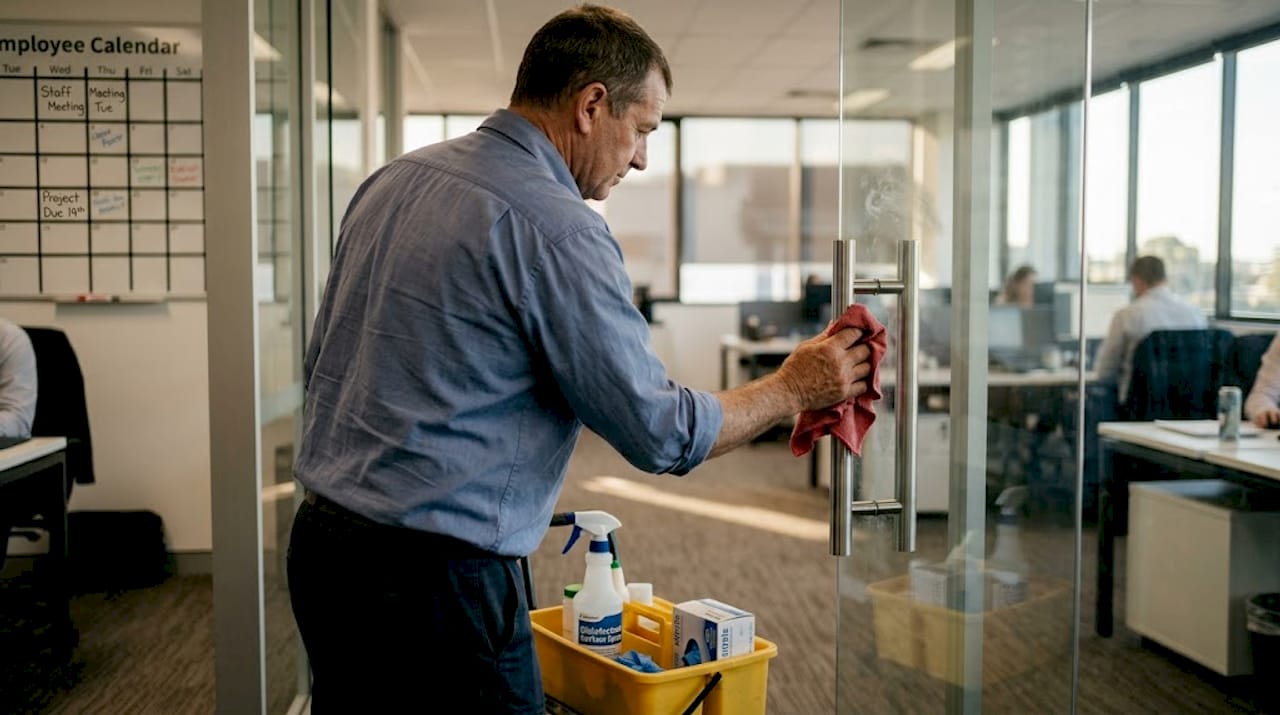 Janitor disinfecting glass office door handle