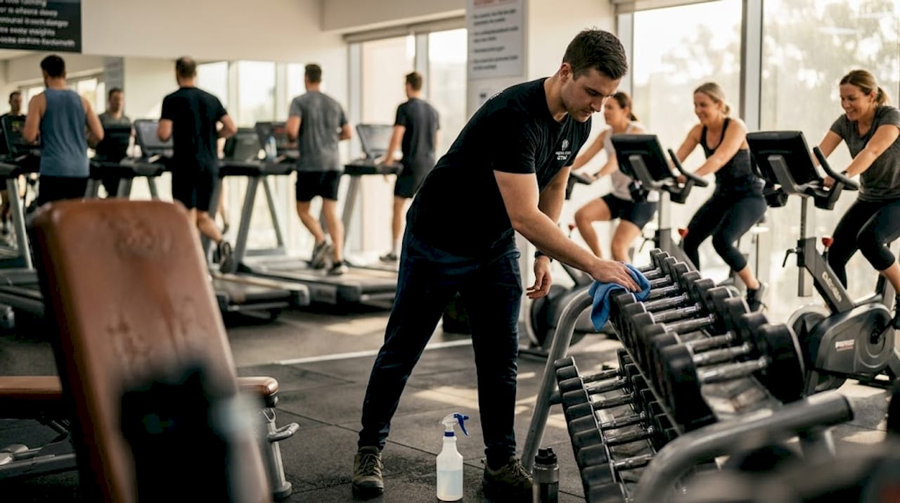 Gym staff cleaning equipment with gym users nearby