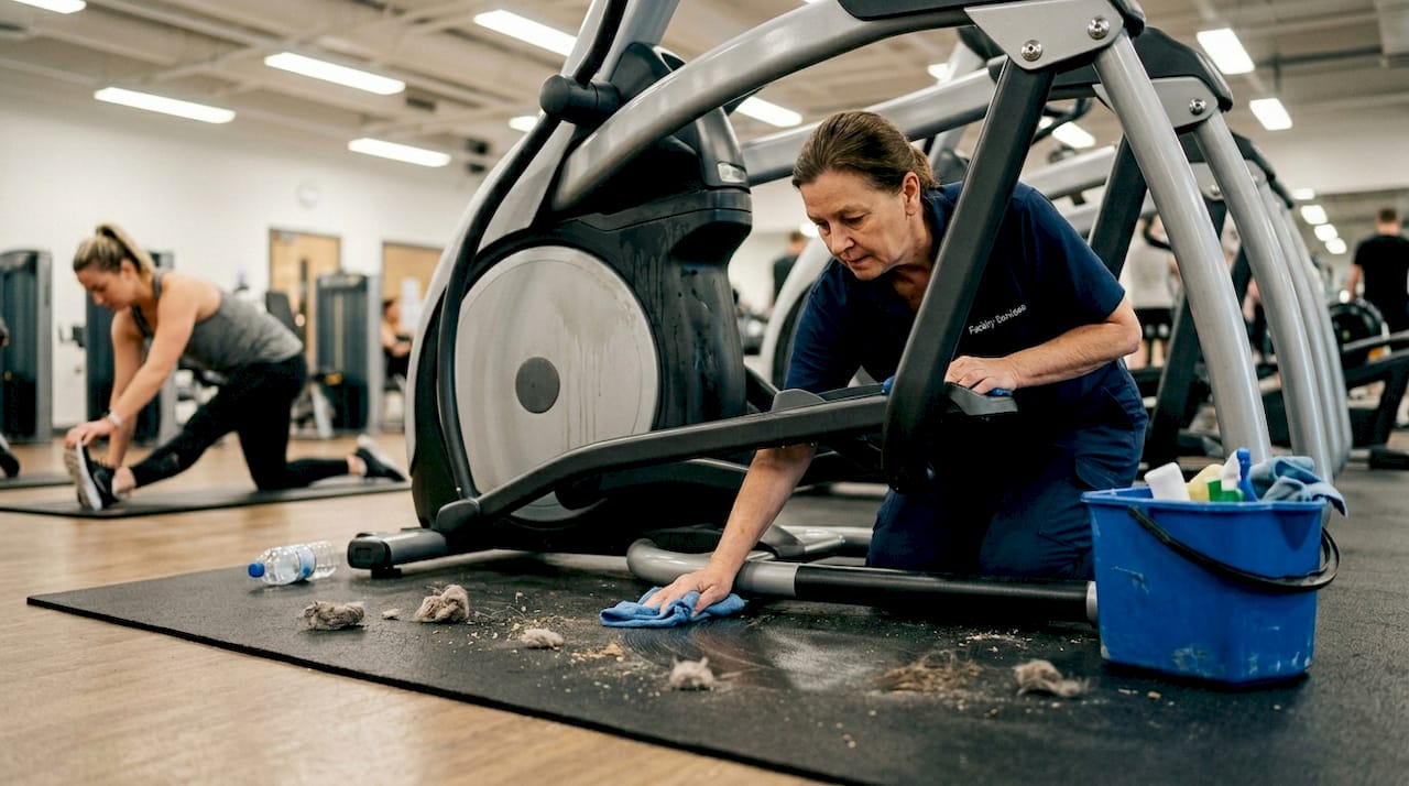 Cleaner wiping dust under gym equipment