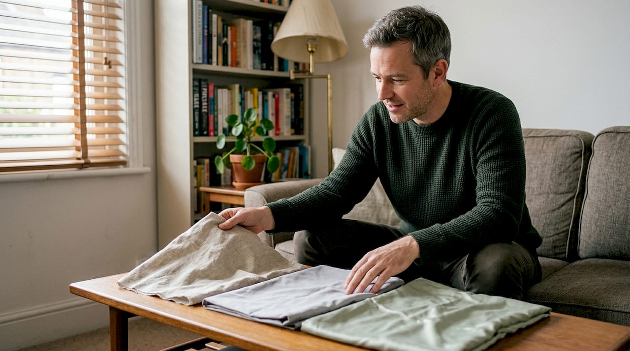 Man comparing bedding fabrics on coffee table