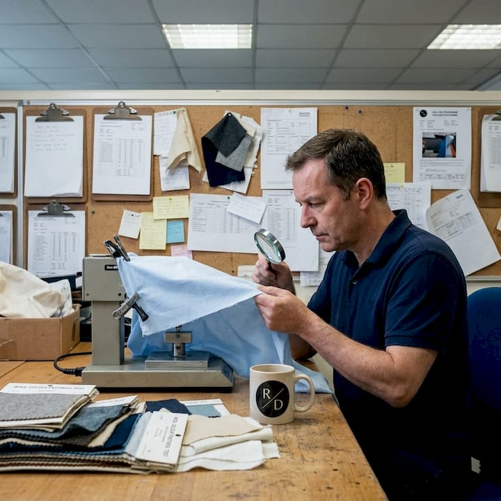 Technician inspecting sheet durability in lab