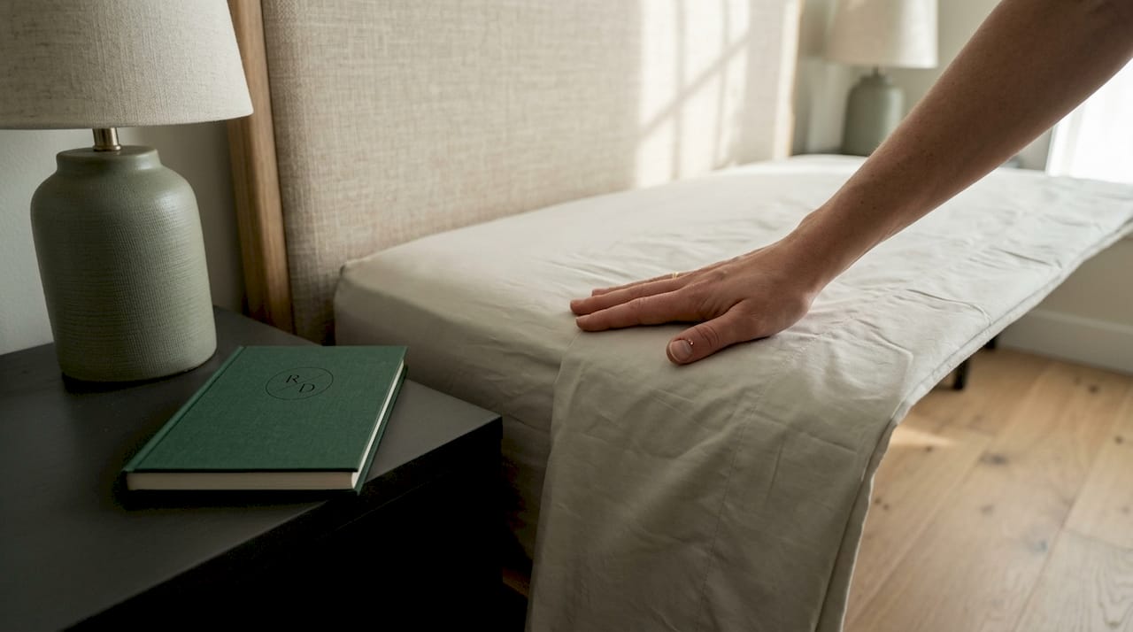 Hand smoothing crisp cotton percale sheet