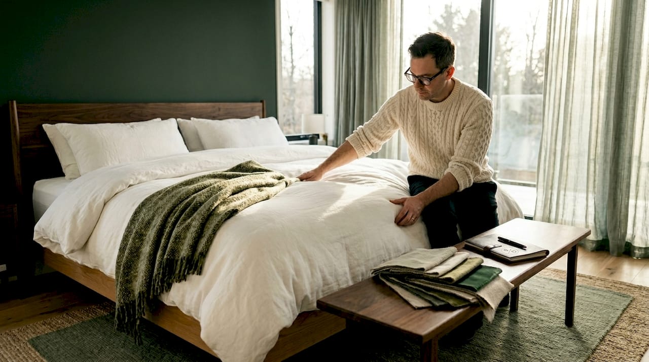 Designer adjusting oversized duvet on bed
