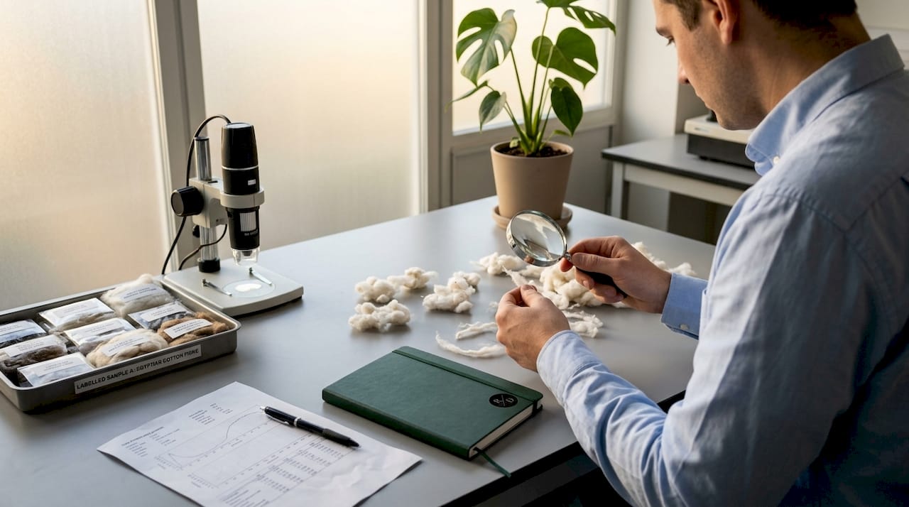 Lab technician examining cotton fibre samples