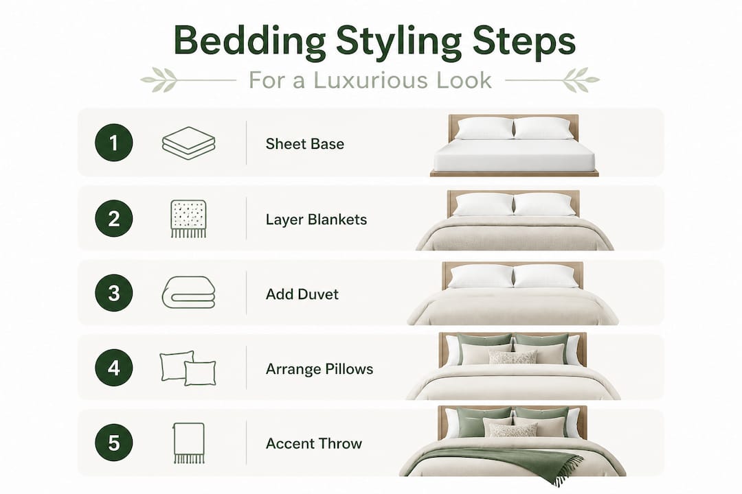 Infographic with five luxury bedding styling steps