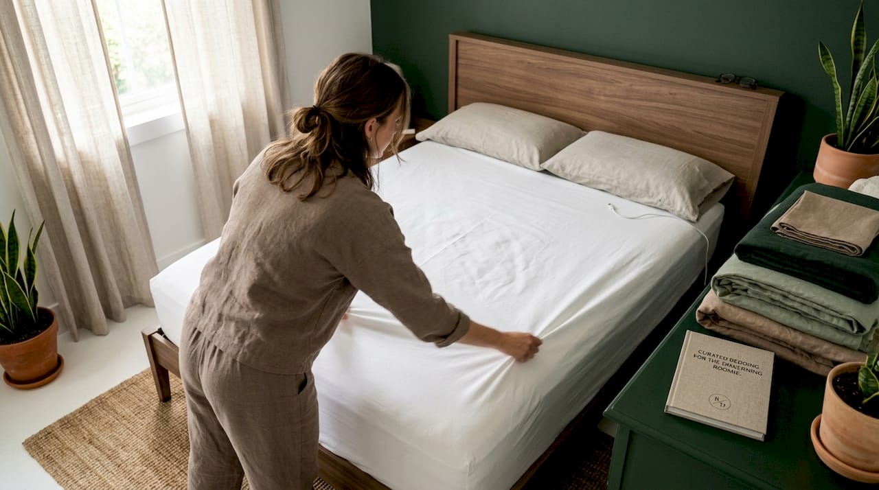 Woman smoothing fitted sheet in sunlit bedroom