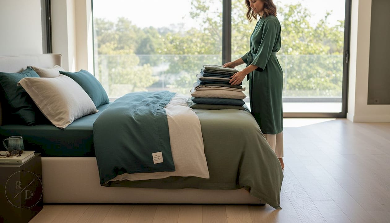Woman comparing cotton sheets in softly lit bedroom