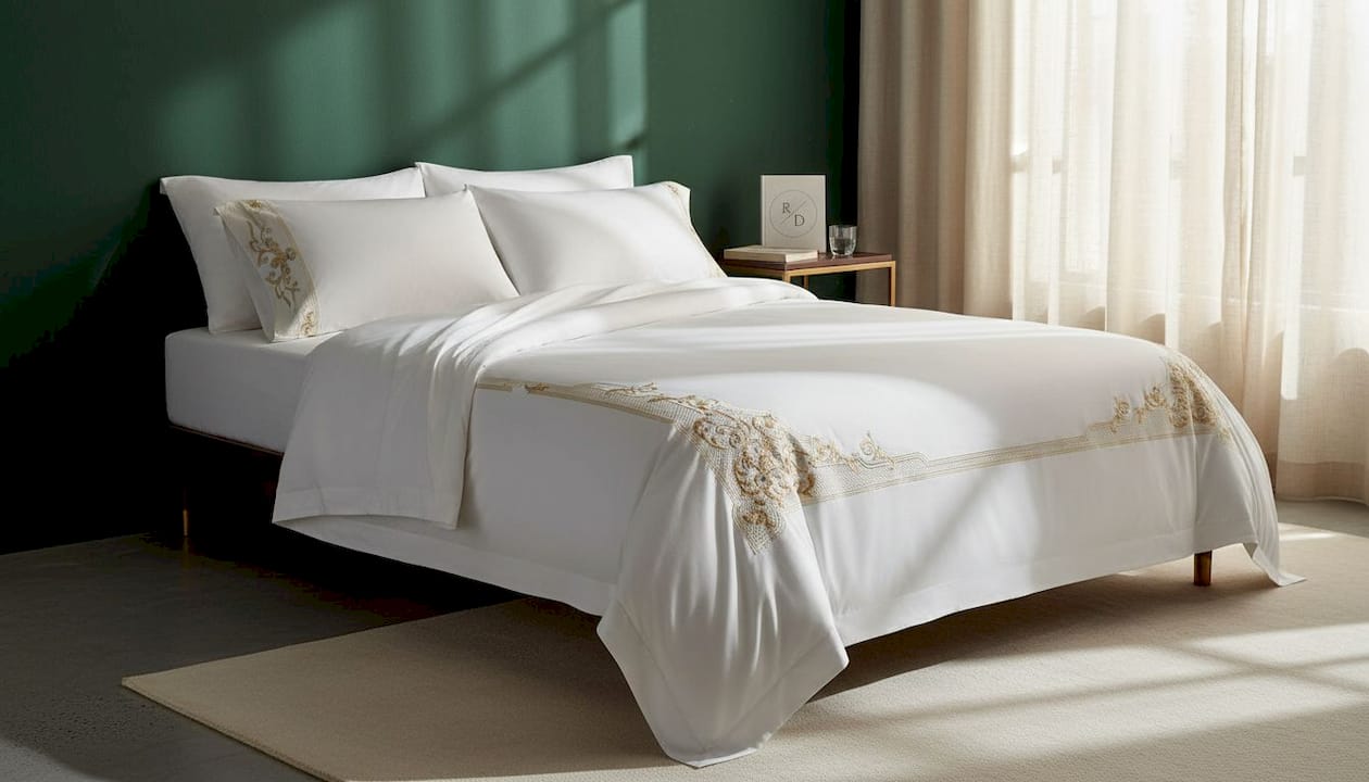 Luxury bed linens in elegant bedroom