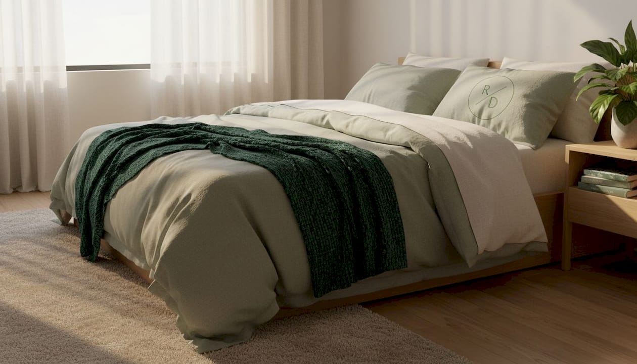 Real bedroom with layered green and cream bedding