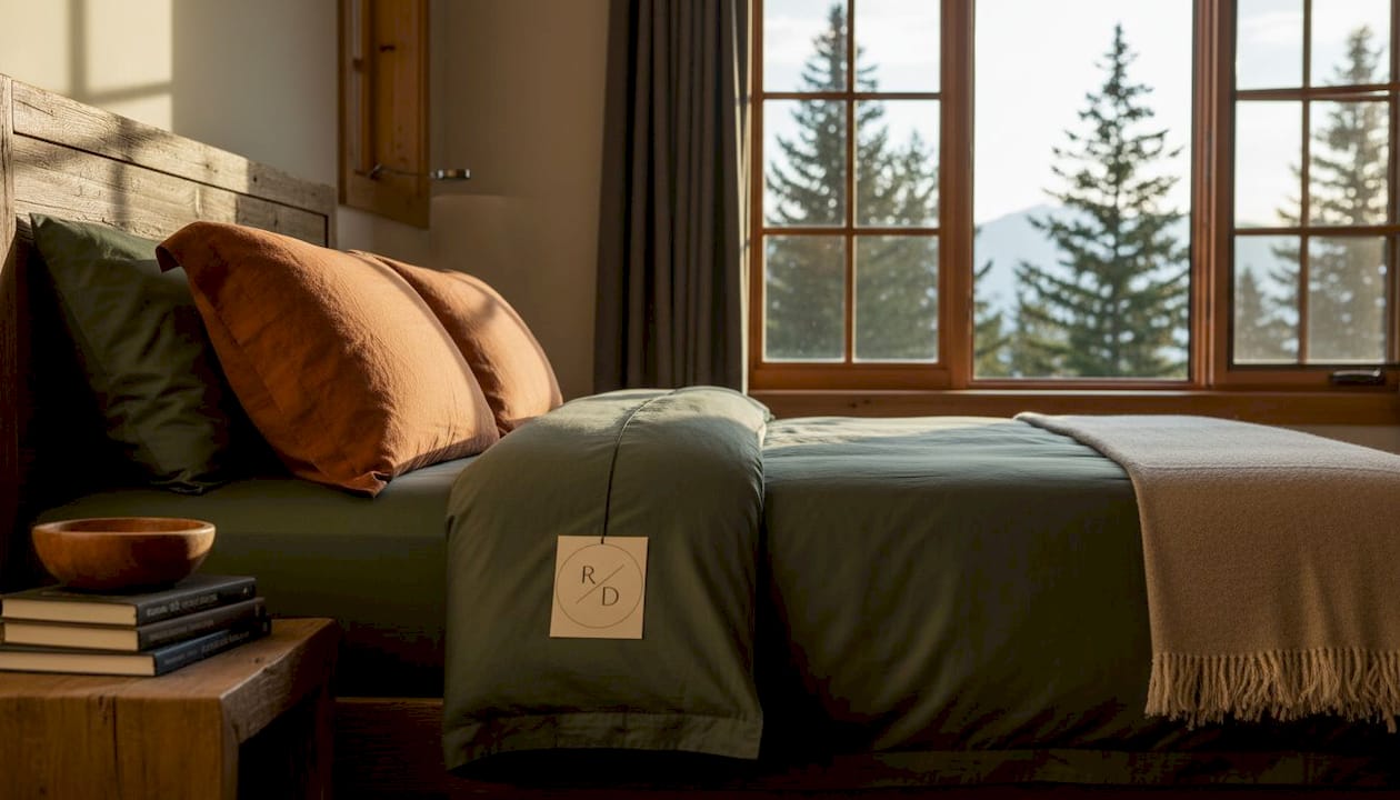 Layered earth-tone luxury bedding scene