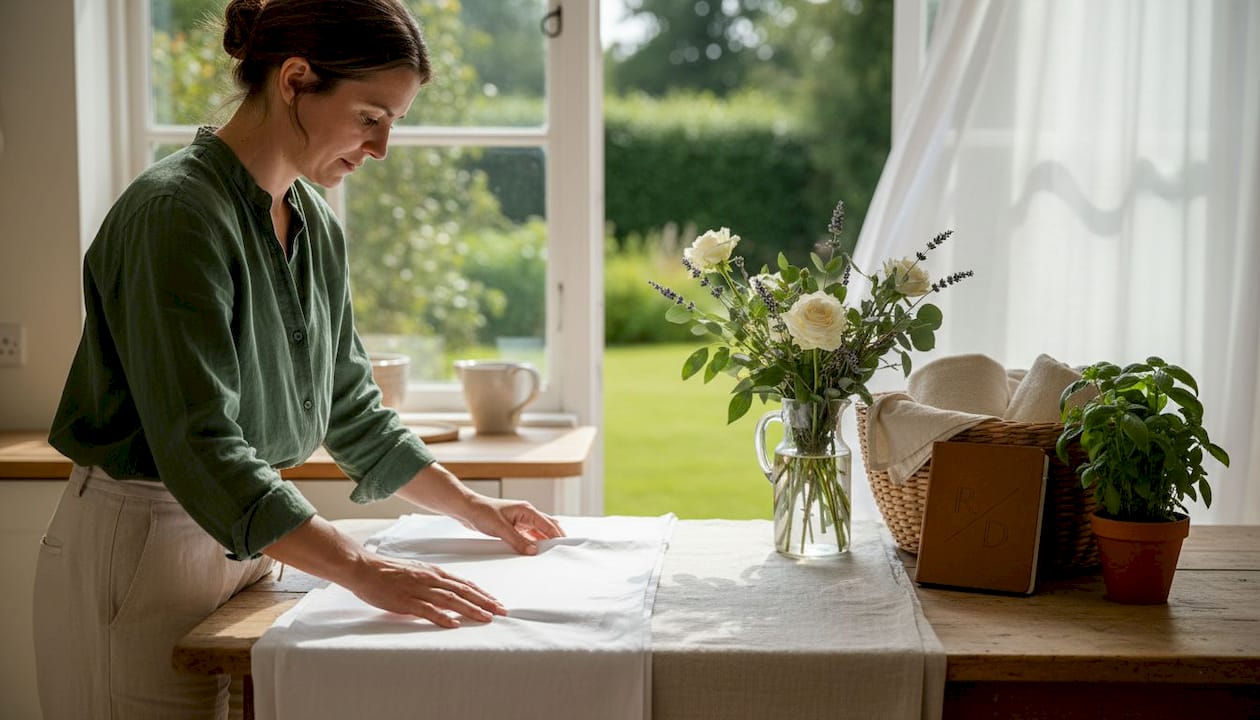 Technician compares cotton and linen sheets in kitchen